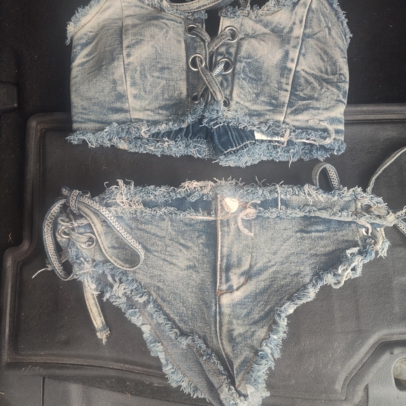 Denim Lace-Up Fringe Bikini Set - Picture 1 of 4